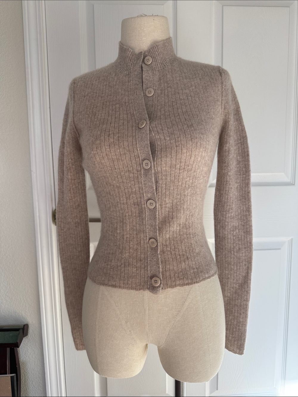 Pilcro Slim Ribbed Button Cardigan in Taupe